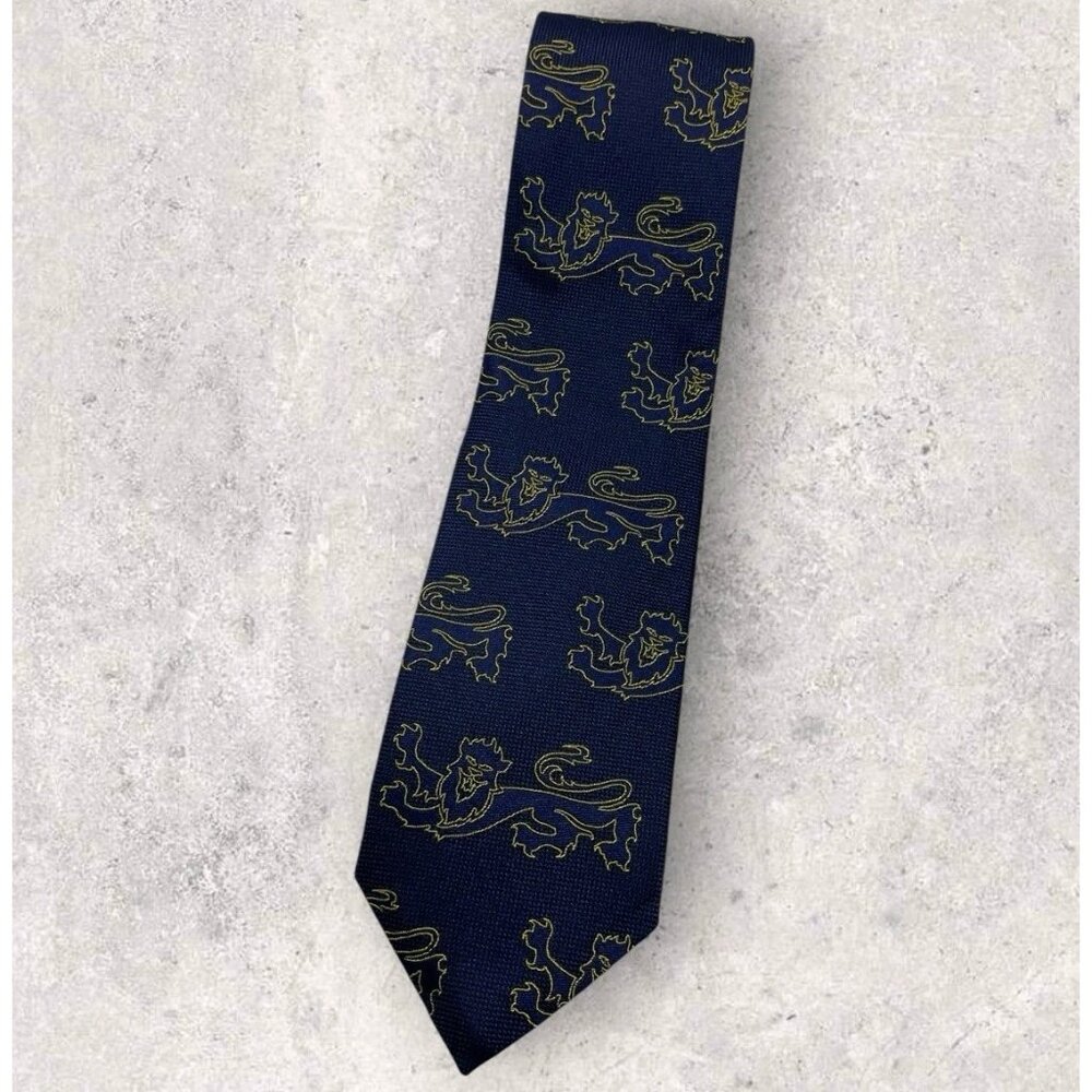 THOMAS PINK Silk Tie ENGLAND Navy Gold Lion W:3.1" EUC